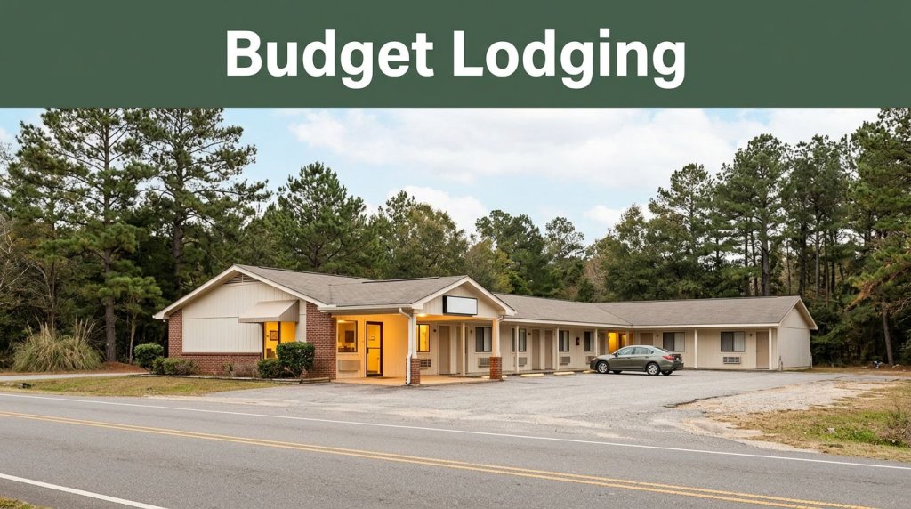 A clean modest roadside motel exterior near pine trees with a warmly lit entrance and parked car.