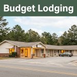 A clean modest roadside motel exterior near pine trees with a warmly lit entrance and parked car.