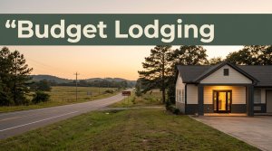 A quiet rural Alabama motel at golden hour with a warmly lit entrance and dark green banner.