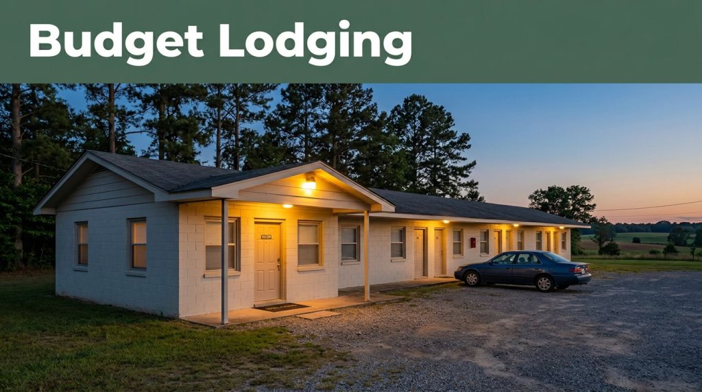 A warm-lit independent motel in rural Alabama at dusk, surrounded by pine trees.