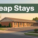 A modest motel with a vacancy sign, tidy parking lot, greenery, and a Cheap Stays banner.