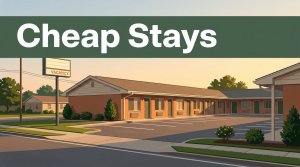 A modest motel with a vacancy sign, tidy parking lot, greenery, and a Cheap Stays banner.