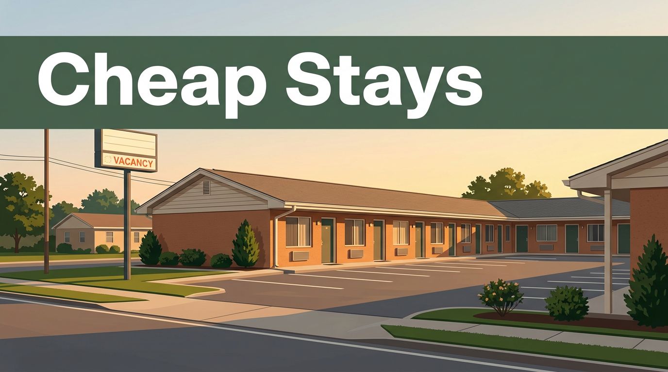 A modest motel with a vacancy sign, tidy parking lot, greenery, and a Cheap Stays banner.