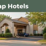 Budget hotel entrance with a parked car, leafy roadside, and a “Cheap Hotels” banner.