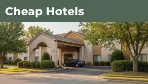 Budget hotel entrance with a parked car, leafy roadside, and a “Cheap Hotels” banner.
