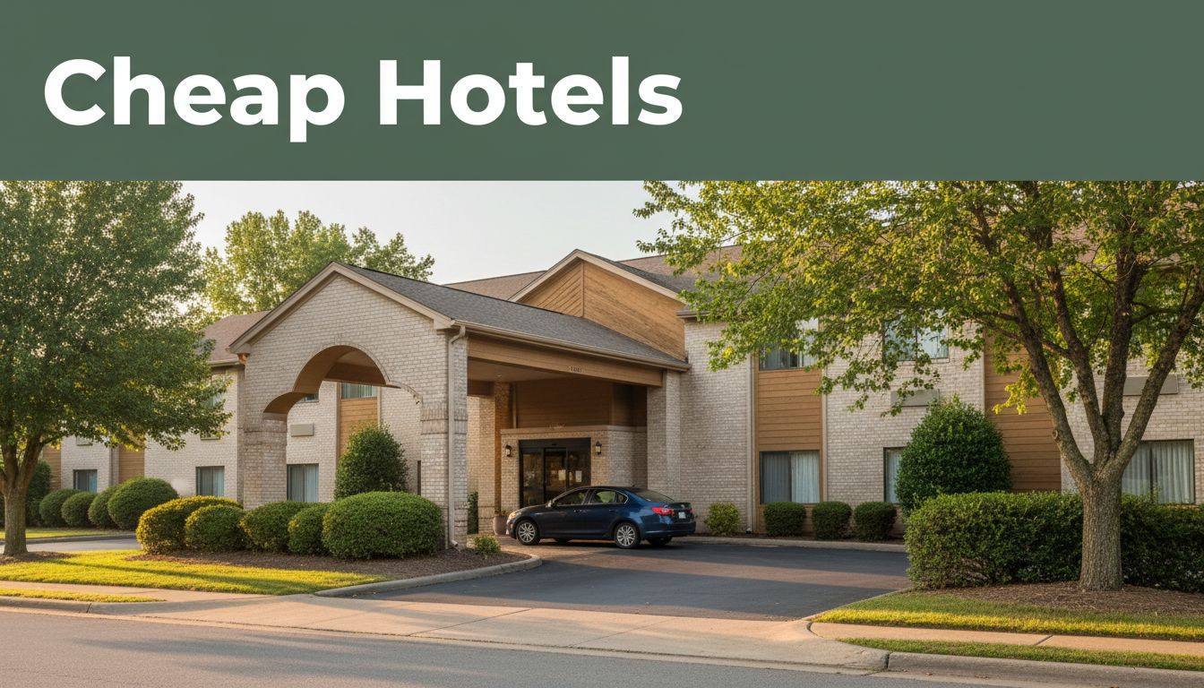 Budget hotel entrance with a parked car, leafy roadside, and a “Cheap Hotels” banner.
