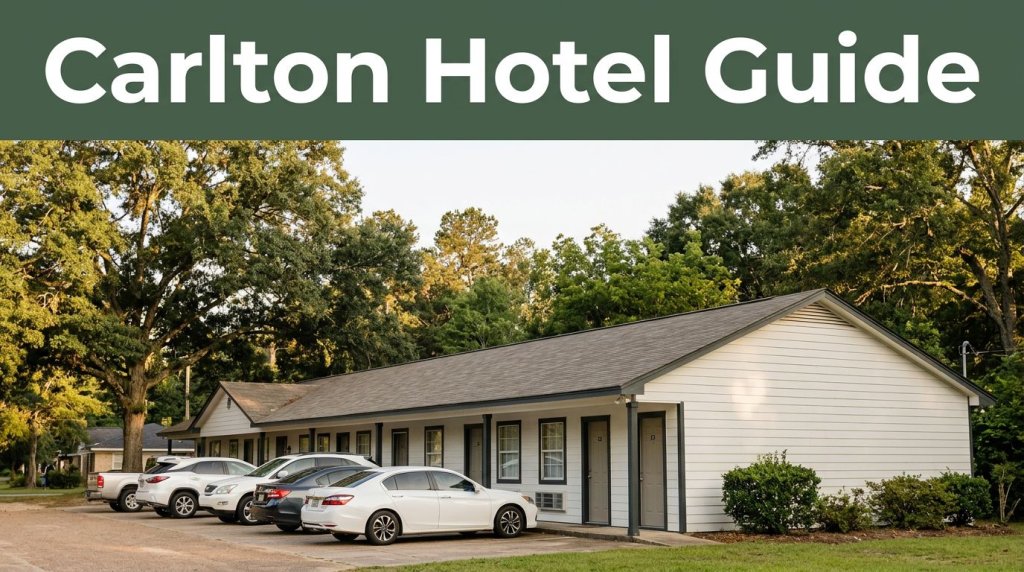 Roadside motel with a parked car and leafy grounds at golden hour.