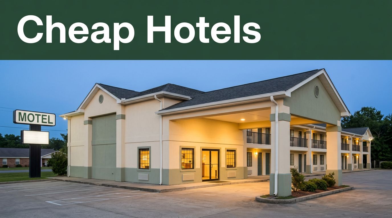 A warmly lit roadside motel entrance with parking, greenery, and a Cheap Hotels headline.