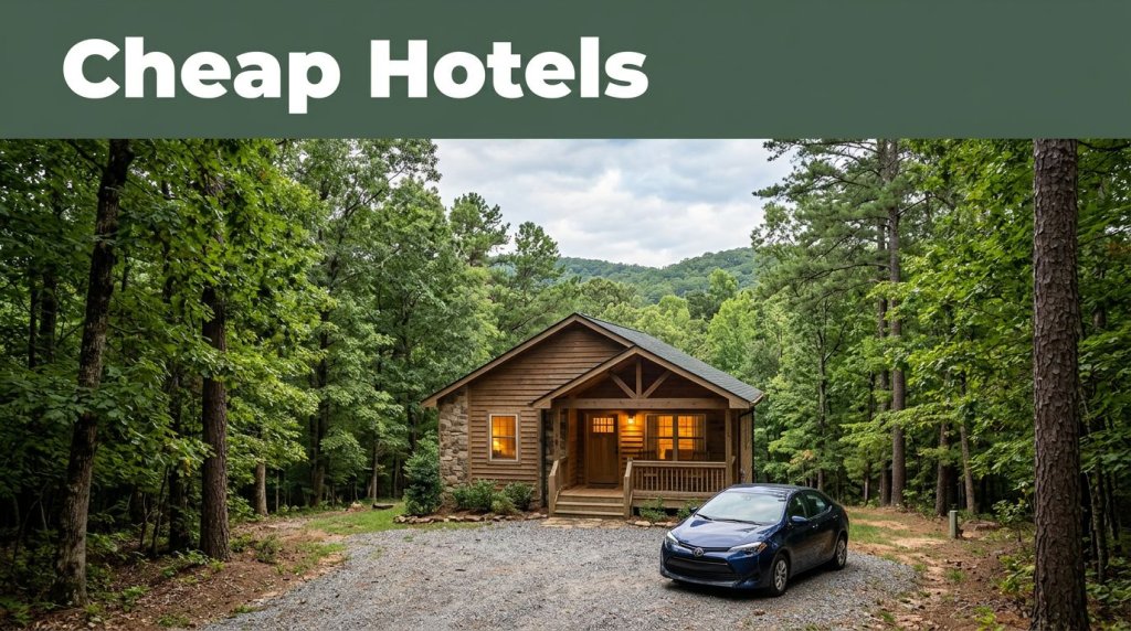A welcoming wooden cabin surrounded by trees with a parked compact car outside.