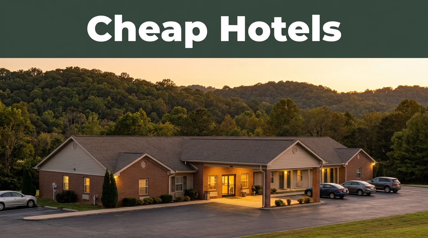 A modest roadside hotel glows in the golden light near rural hills.