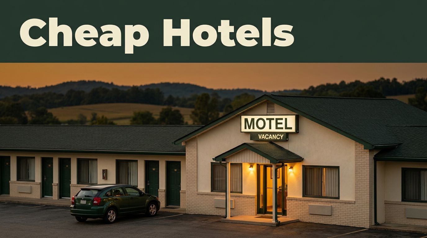A lit roadside motel with a compact car, countryside, and a green Cheap Hotels banner.