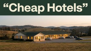 A budget motel and parked car sit beneath a dawn sky near Alabama hills.