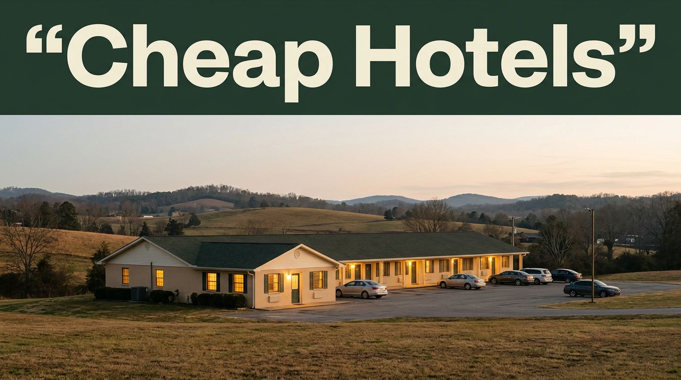 A budget motel and parked car sit beneath a dawn sky near Alabama hills.