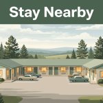 A modest motel with warm lights and parking surrounded by rural trees.