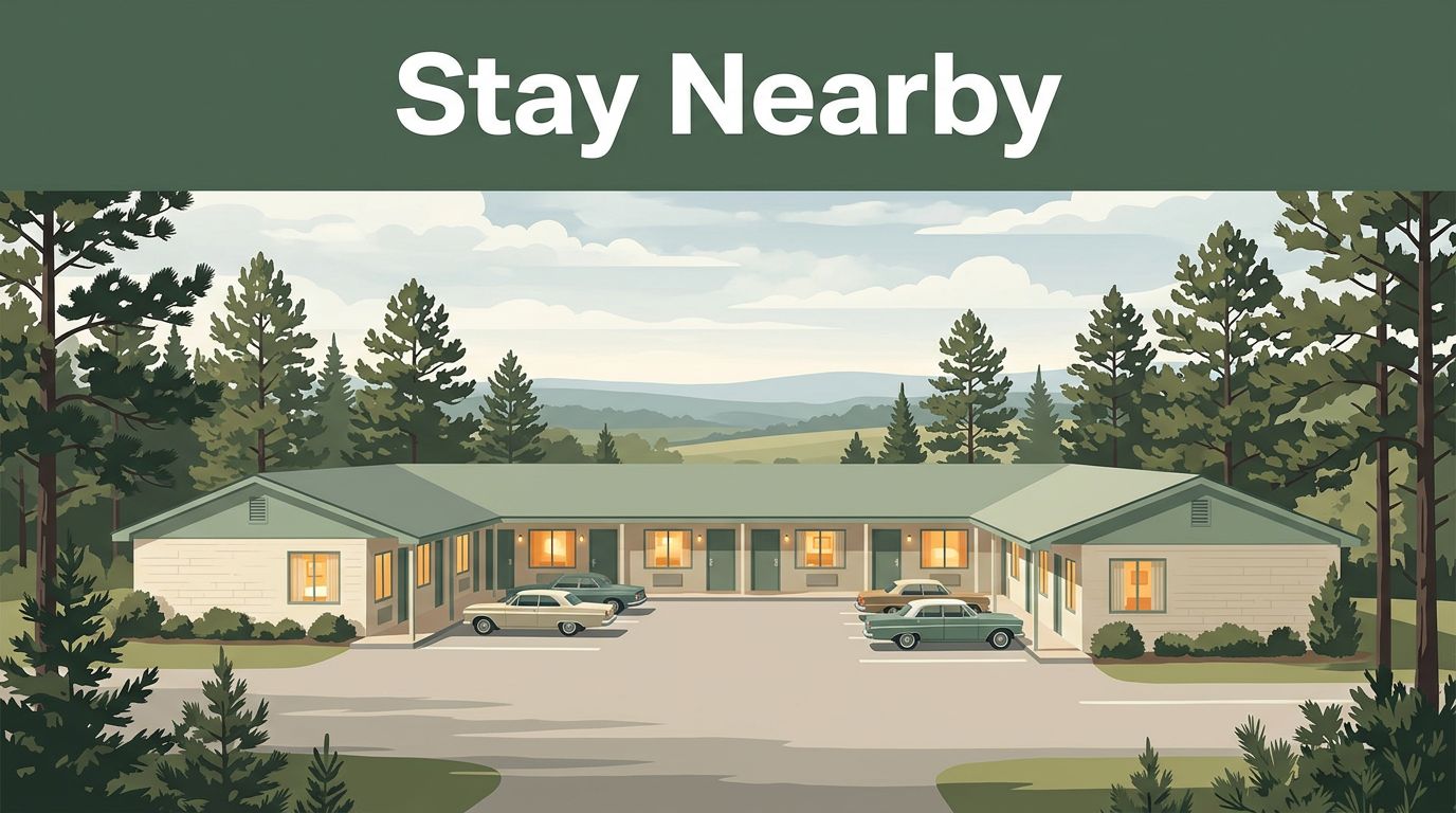 A modest motel with warm lights and parking surrounded by rural trees.