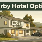 A modest motel, parked car, green hills, and a “Nearby Hotel Options” banner.