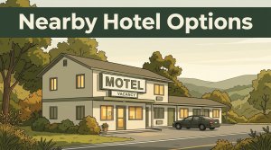 A modest motel, parked car, green hills, and a “Nearby Hotel Options” banner.