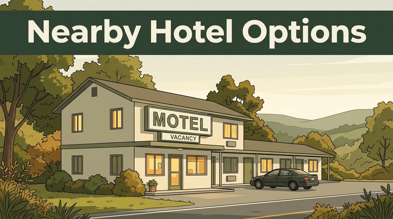 A modest motel, parked car, green hills, and a “Nearby Hotel Options” banner.