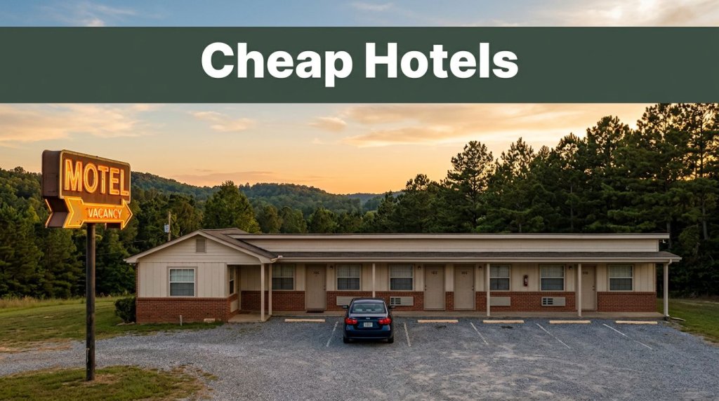 A roadside motel in rural Alabama during golden hour with a parked sedan.