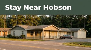 A budget roadside motel in rural Alabama under warm evening light.