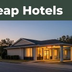 A warmly lit budget motel exterior with a glowing vacancy sign along a quiet road at dusk.