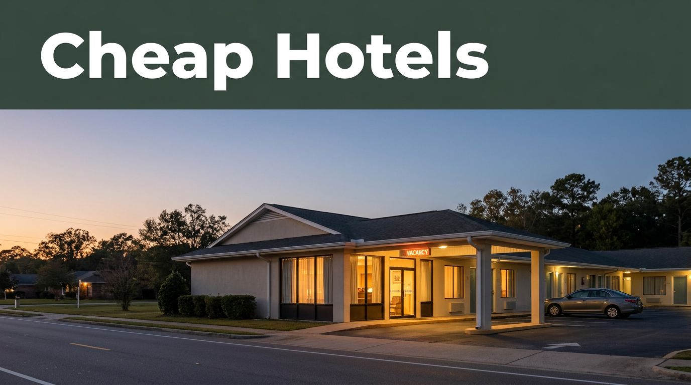 A warmly lit budget motel exterior with a glowing vacancy sign along a quiet road at dusk.