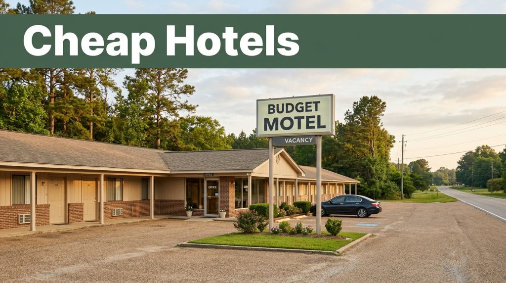 A clean budget motel exterior along a quiet Alabama roadside in early-morning light.