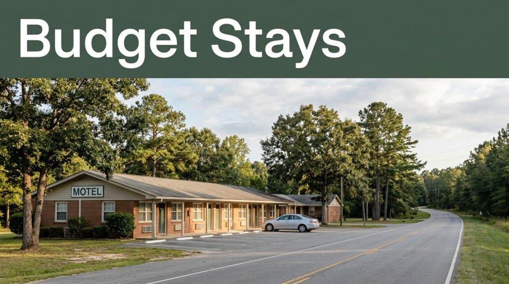 A roadside budget motel in rural Alabama surrounded by pine trees under golden daylight.