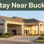 A modest hotel exterior with landscaping and a Stay Near Bucks banner.