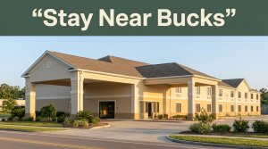 A modest hotel exterior with landscaping and a Stay Near Bucks banner.