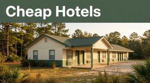 A modest cream and green motel surrounded by pine trees during golden hour.