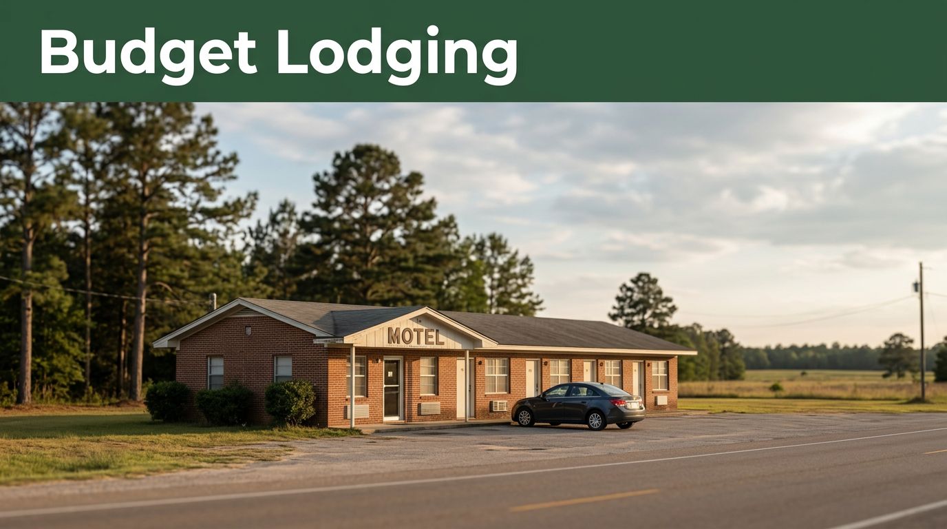 A modest roadside motel and parked car along a quiet rural Alabama highway under warm afternoon light.