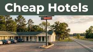 A budget roadside motel and glowing vacancy sign beside a quiet highway at sunset.