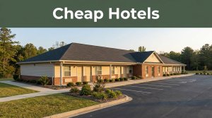 A clean, affordable roadside motel in rural Alabama during the early morning.