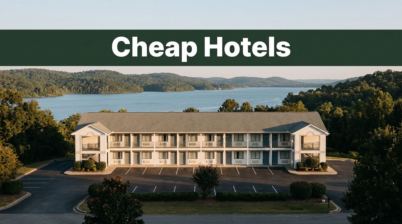 A two-story budget motel with a tidy parking lot near Lake Guntersville and wooded hills.