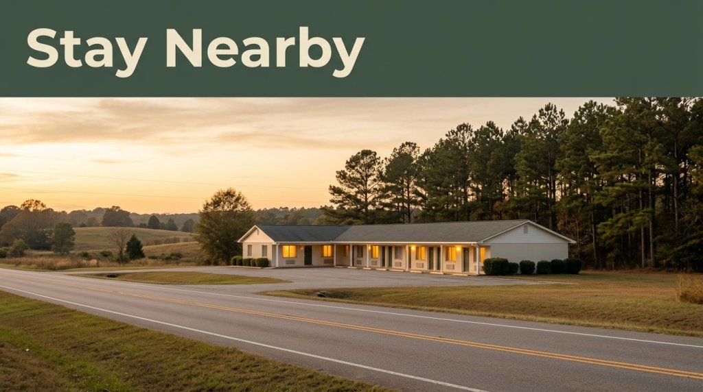 A modest roadside motel along a quiet rural highway during the golden hour.