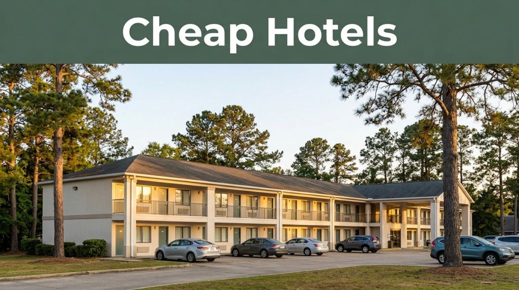 A two-story budget motel exterior surrounded by pine trees at sunset.