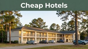 A two-story budget motel exterior surrounded by pine trees at sunset.