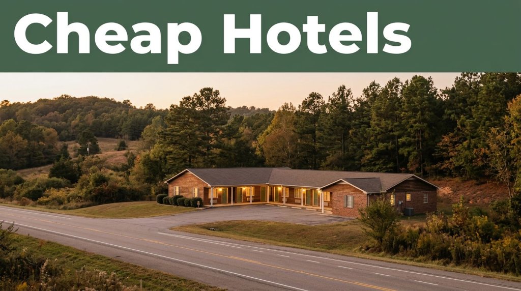 A modest roadside motel with glowing rooms surrounded by pine trees and an empty highway at sunset.