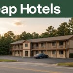 A small roadside motel with a parked car, pine trees, and a green Cheap Hotels banner.