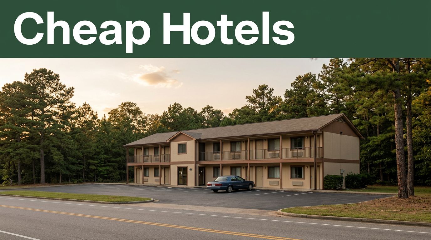 A small roadside motel with a parked car, pine trees, and a green Cheap Hotels banner.