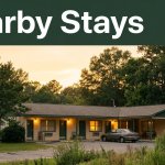 A roadside motel, parked car, greenery, and a dark-green Nearby Stays banner at sunset.