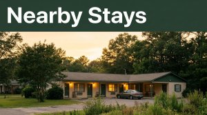 A roadside motel, parked car, greenery, and a dark-green Nearby Stays banner at sunset.