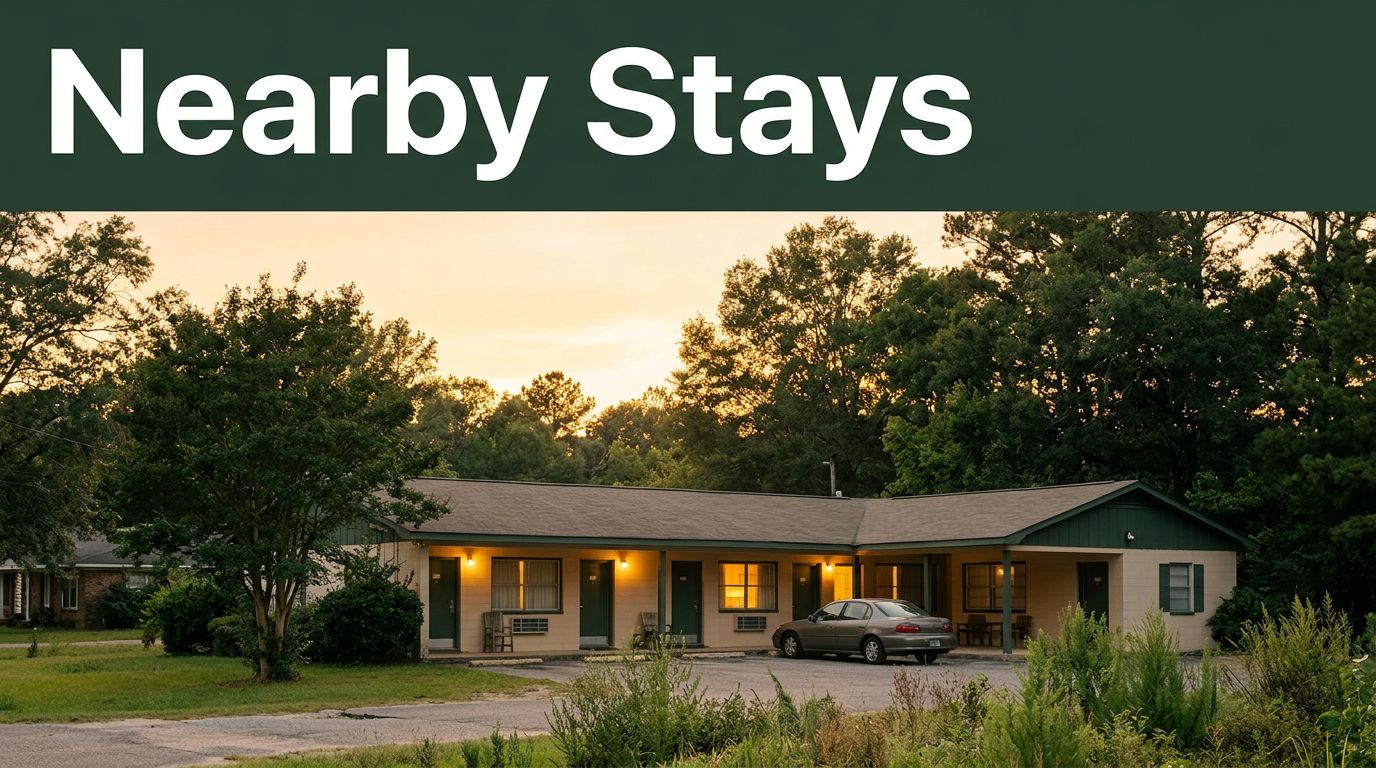 A roadside motel, parked car, greenery, and a dark-green Nearby Stays banner at sunset.