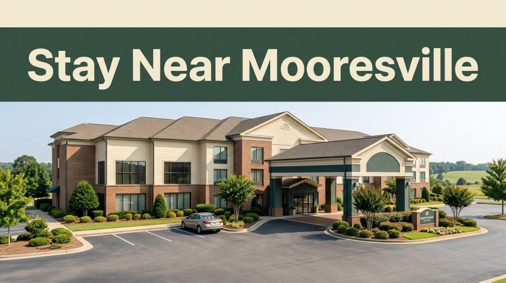 A clean mid-range hotel exterior with landscaped entrance and parked car near Mooresville.