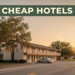 A roadside motel with a parked car, oak trees, and a sunset sky near Movico, Alabama.