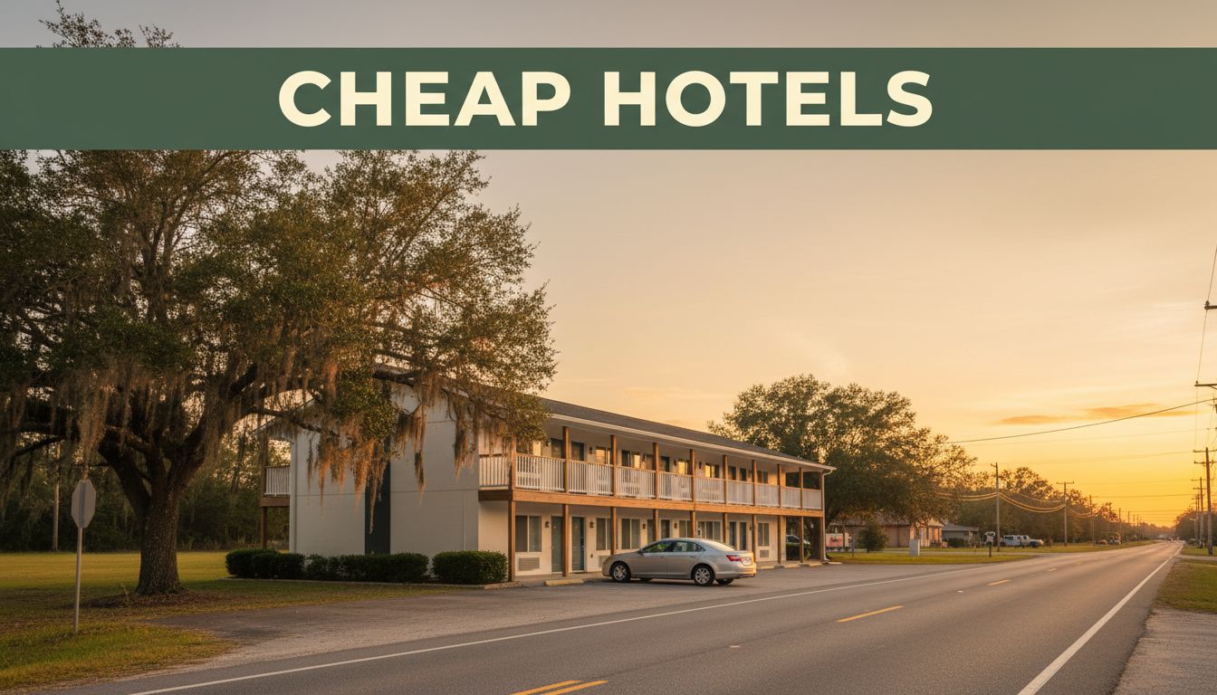 A roadside motel with a parked car, oak trees, and a sunset sky near Movico, Alabama.