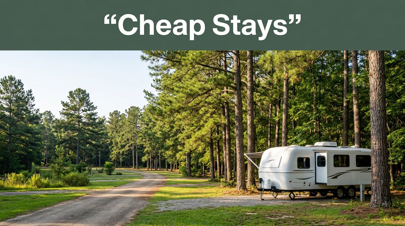 A travel trailer beside a tree-lined rural road under warm morning light.