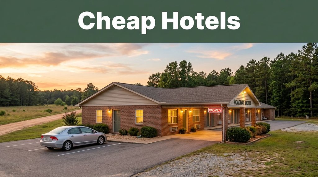 An illuminated roadside budget motel with a parked car under an evening sky in rural Alabama.