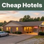 An illuminated roadside budget motel with a parked car under an evening sky in rural Alabama.